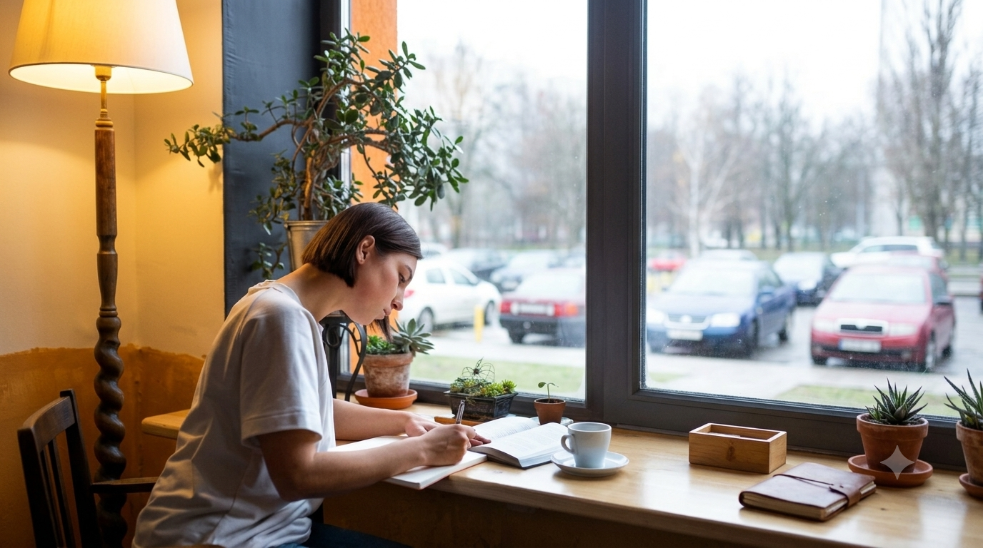 Woman journaling at cafe window desk representing self reflection and positive self talk habits