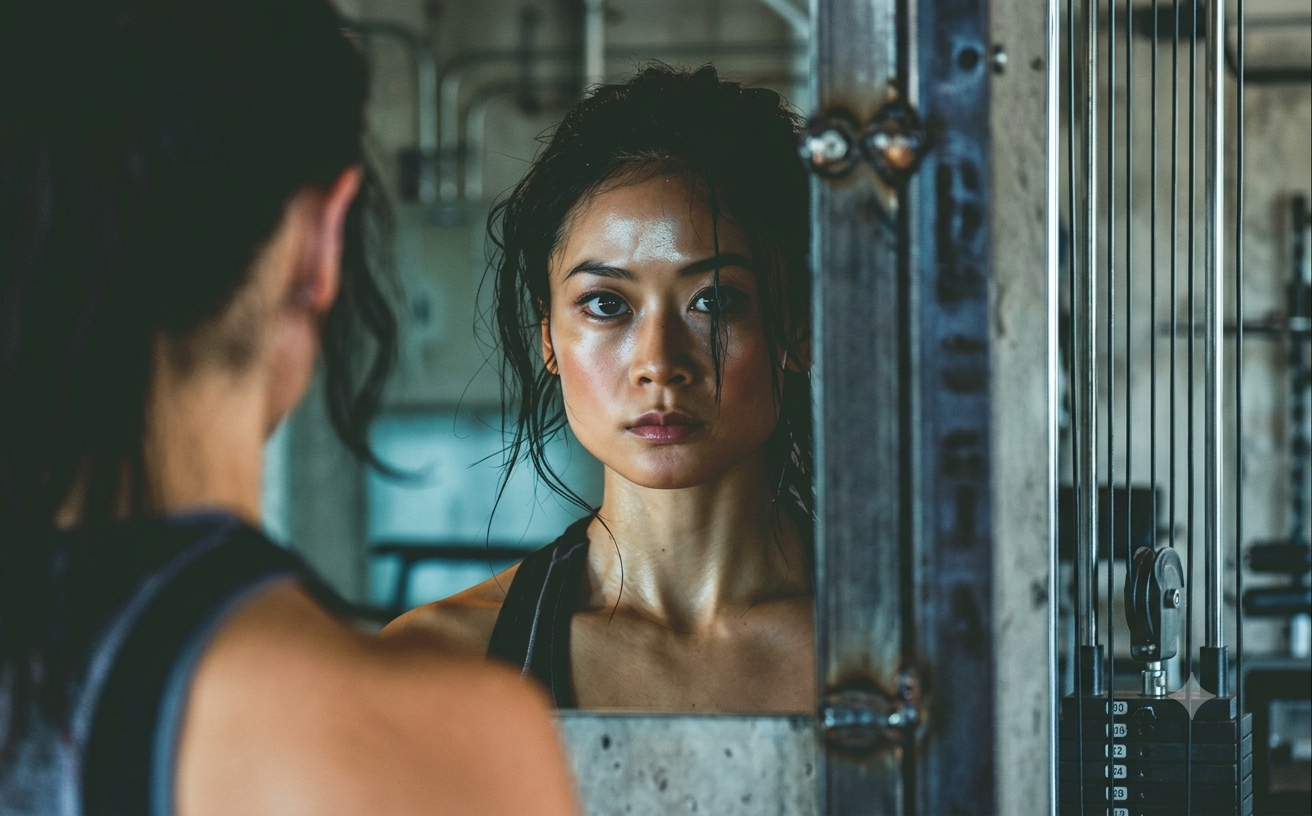 Female athlete looking at herself in gym mirror with intense focus representing self belief and identity protection