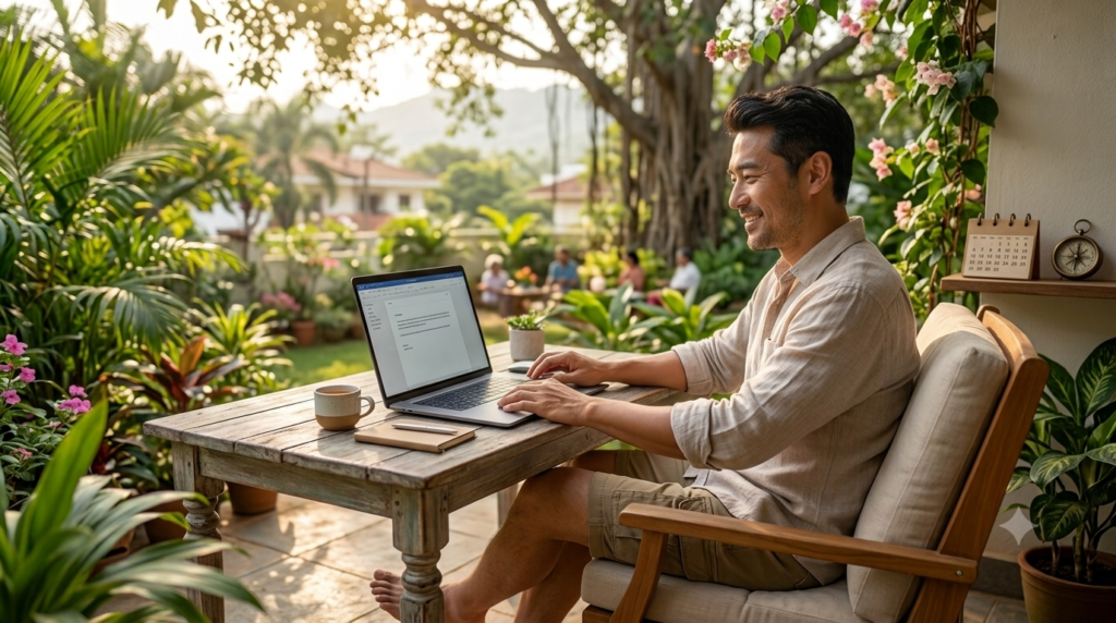 "Man smiling while working on his laptop in a relaxed outdoor garden setting, representing freedom to choose meaningful work"