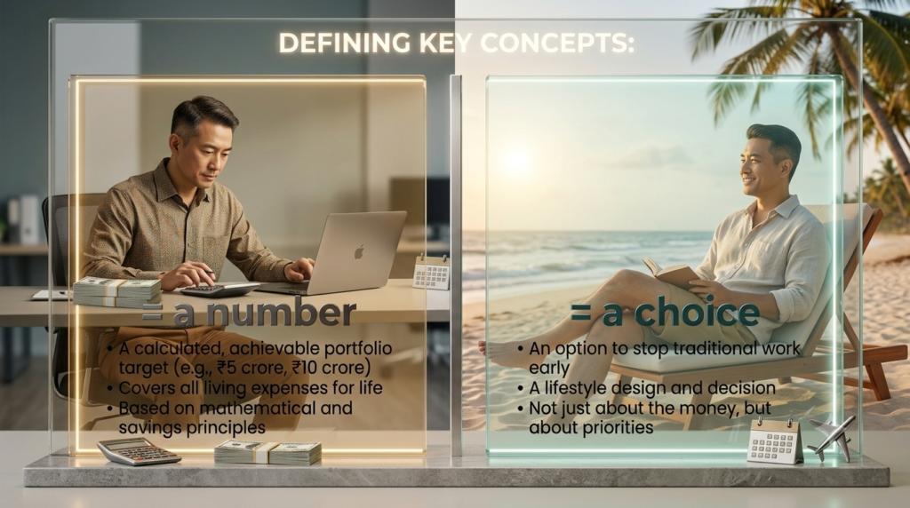 "Split image showing a man working at his laptop labeled 'financial independence equals a number' next to the same man relaxing on a beach labeled 'early retirement equals a choice'"