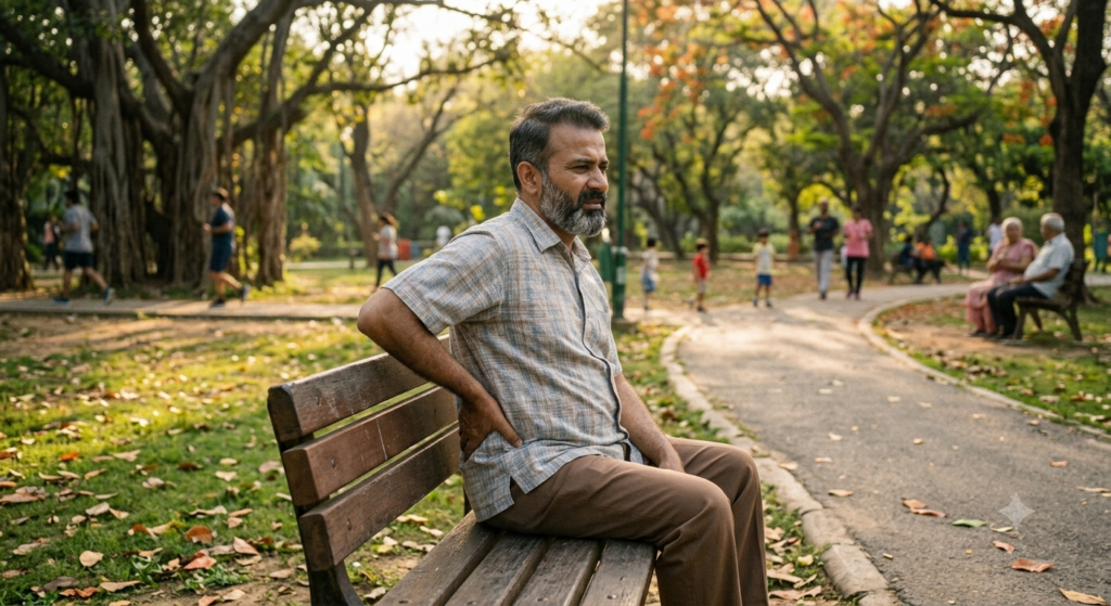 "Elderly retired man sitting on a park bench holding his back, illustrating health decline after early retirement"