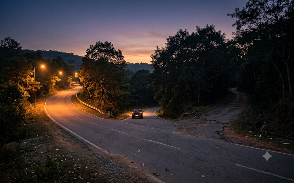 "Forked road at dusk with one path lit and one fading, symbolizing missed opportunities after early retirement"