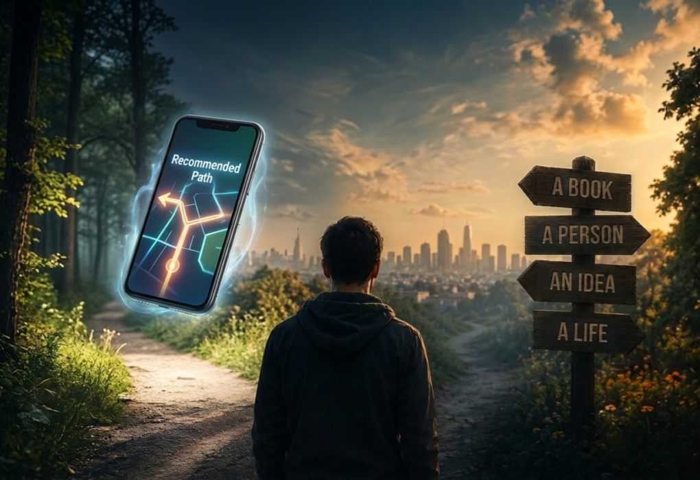 "Algorithms quietly editing life by removing coincidence — man walking away from a recommended path toward a signpost of unexpected choices"
