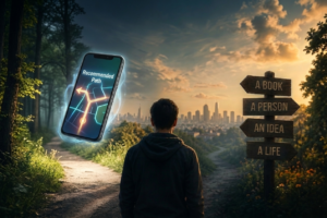 "Algorithms quietly editing life by removing coincidence — man walking away from a recommended path toward a signpost of unexpected choices"