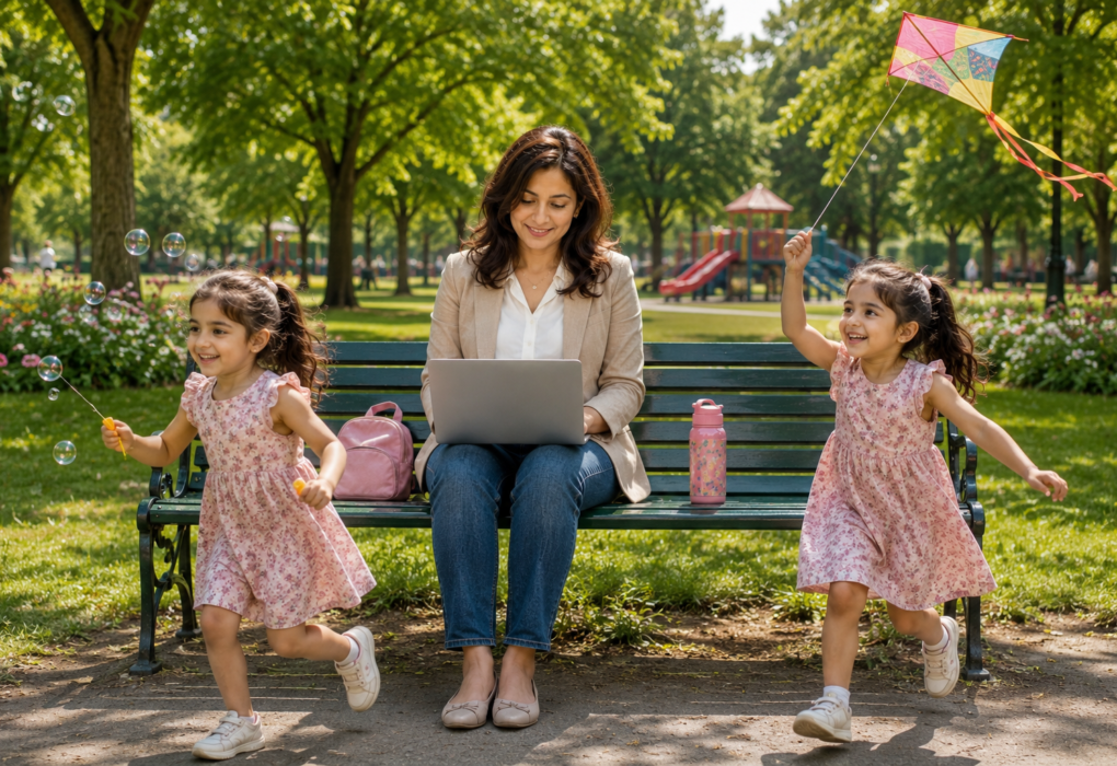 Mother working on laptop in the park while her twin daughters play nearby, representing a career comeback after 40