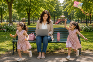 Mother working on laptop in the park while her twin daughters play nearby, representing a career comeback after 40