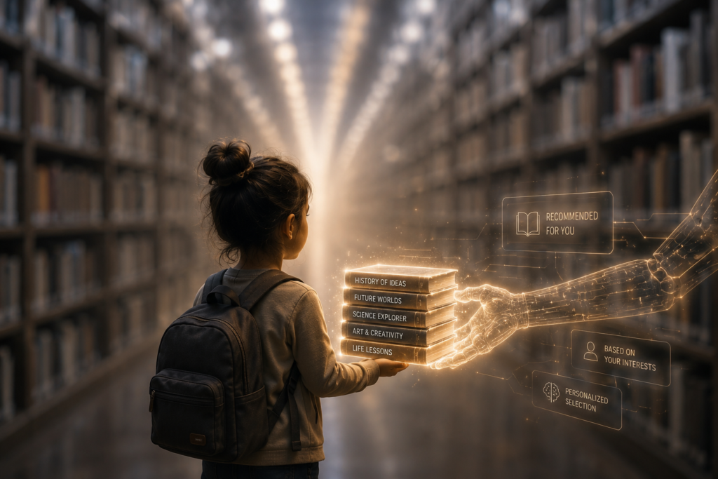 "Algorithms killing coincidence — girl receiving AI-recommended books from a glowing robotic hand labeled 'Recommended For You'"