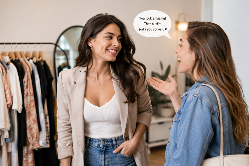  Friends complimenting outfit, a common emotional shopping trigger