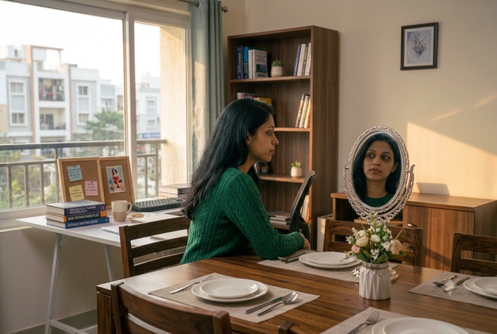 Woman gazing thoughtfully at her mirror reflection at home, representing the identity shock many women feel during a career break