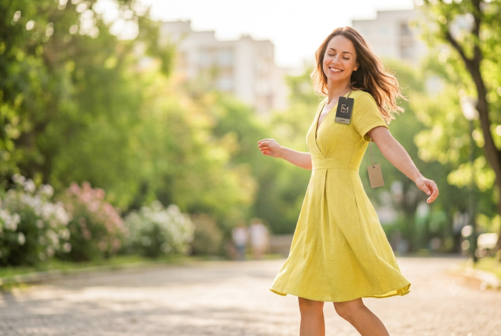 Woman twirling joyfully, moving beyond emotional shopping to self acceptance
