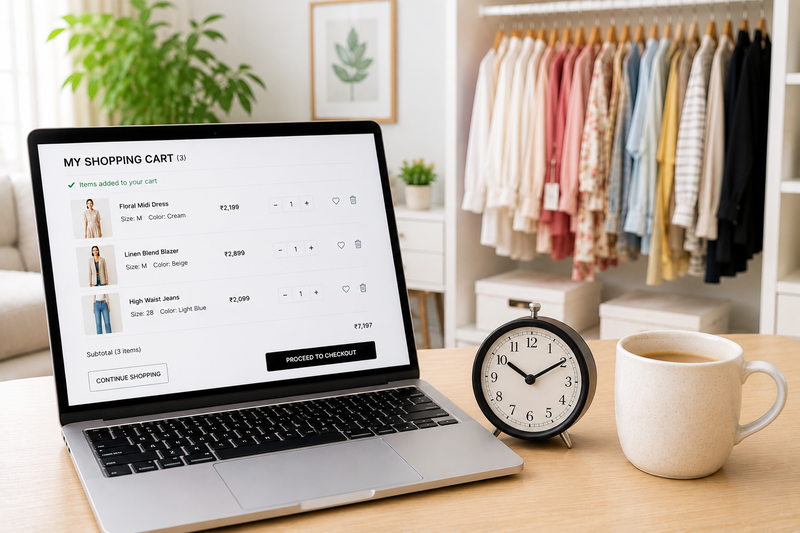 Laptop shopping cart beside clock to pause emotional shopping impulse