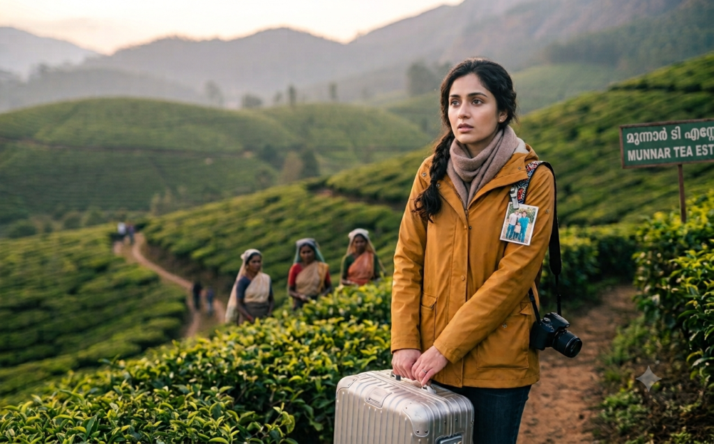  traveler standing with her suitcase on a path through Munnar's tea gardens, looking uncertain at sunrise