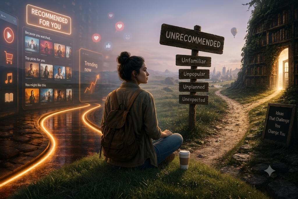 "Woman sitting quietly at a crossroads, looking away from an algorithm-lit path toward a signpost reading 'Unrecommended,' pausing to reflect"