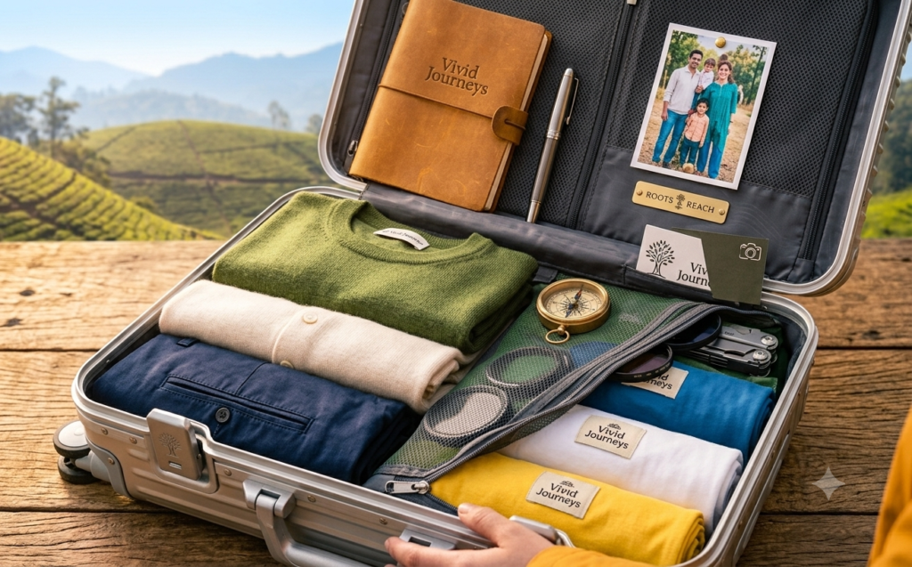 Open suitcase with neatly folded, branded clothing, a leather travel journal, and a family photo tucked inside