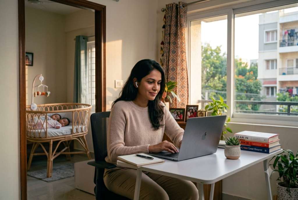 Mother working on laptop beside her sleeping twins, with "The 2-Hour Career Blueprint" book on her desk — representing her career comeback framework