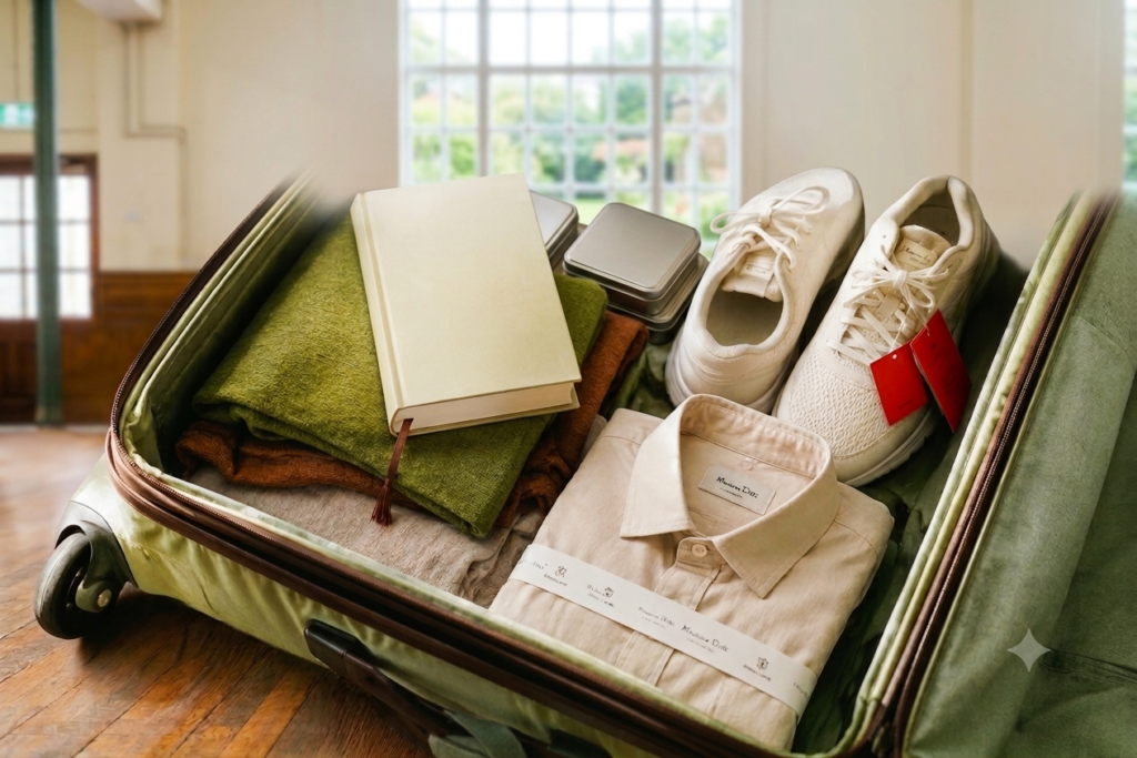 An unopened blank hardcover book, a folded unworn shirt with tags, and brand-new sneakers still tagged, packed inside an open suitcase