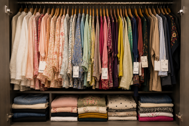 Wardrobe full of unworn clothes from emotional shopping and impulse buying