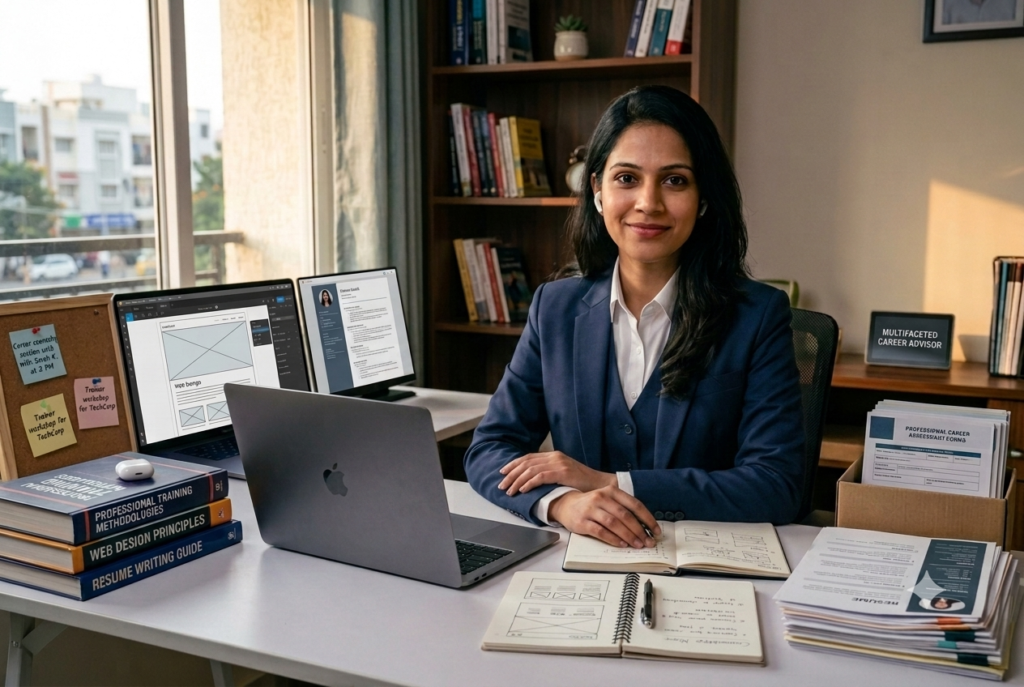 Confident woman symbolizing multiple career roles — trainer, designer, counselor